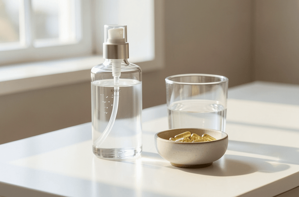 Bodegón profesional que muestra la diferencia entre cosmética y nutricosmética con un sérum y suplementos
