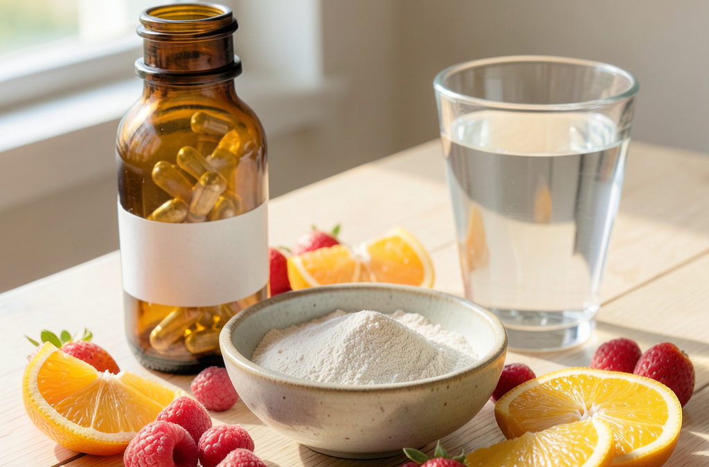 Cápsulas de nutricosmética con colágeno, polvo y frutas frescas sobre una mesa luminosa, belleza desde dentro
